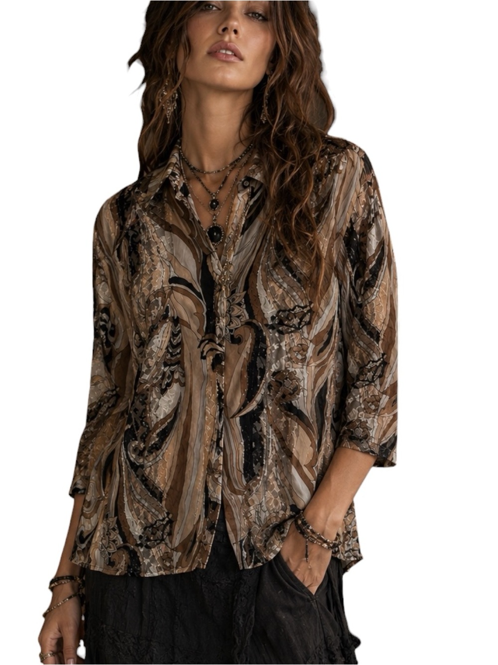 Vtg Womens Paisley Lace Snap Button Blouse Sz XL Sheer Artsy Whimsigoth Mixed
